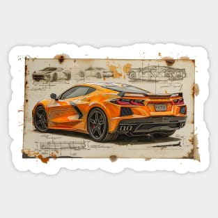 Orange C8 Corvette Design Drawing Supercar Racecar Muscle Car Printed on Back Amplify Orange Corvette C8 Sticker